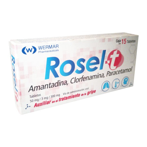 Rosel Amantadina Clorfenamina Paracetamol  Acción Antiviral Caja con 15 Tabletas Wermar