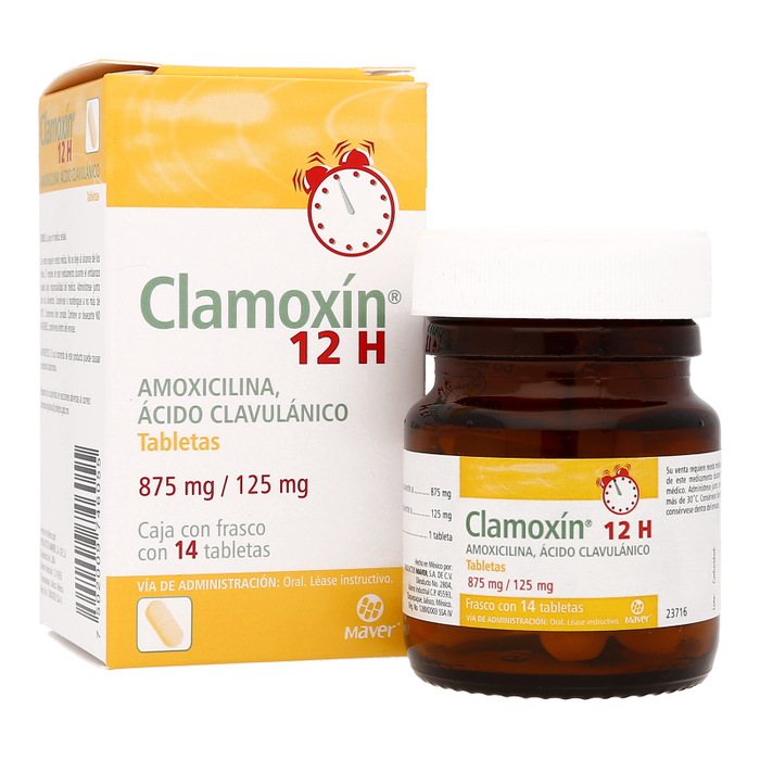 Amoxicilina/Acido Clavulánico Tabletas Clamoxin 12H 875 mg /125 mg Oral Caja con10 Tabletas