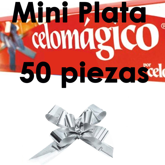 Moño Mágico Mini Plata Metálico Caja con 50 Piezas Celosa