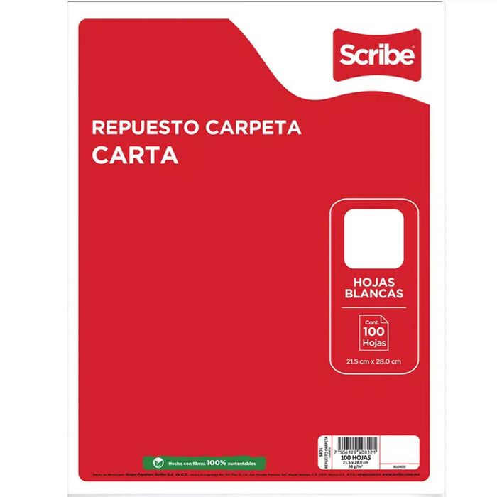 Hojas de Repuesto para Carpeta Carta Blanca 100 hojas Scribe